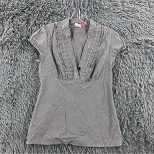 Heart & Soul Knit Top Womens Medium Stiped Vneck Ruffle Trim Top